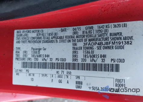 2015 Ford Fiesta Se из США, поврежденный, VIN 3FADP4BJ8FM191382